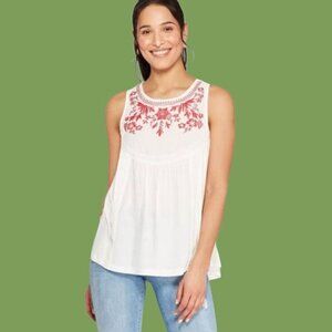 Knox Rose Womens Sleeveless White Top With Red Floral Embroidery  Small